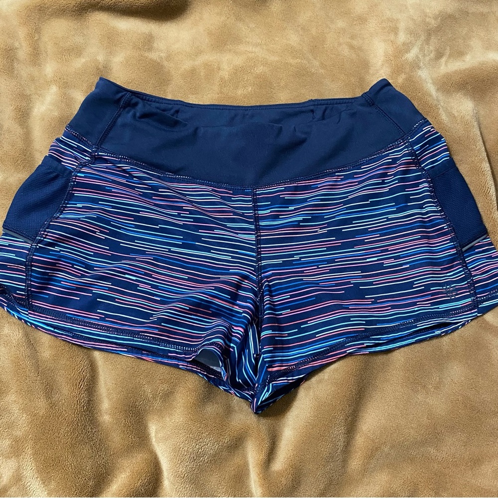 Athleta Ready To Go Womens Running Shorts S Navy Blue Pink Space Dye Drawcord